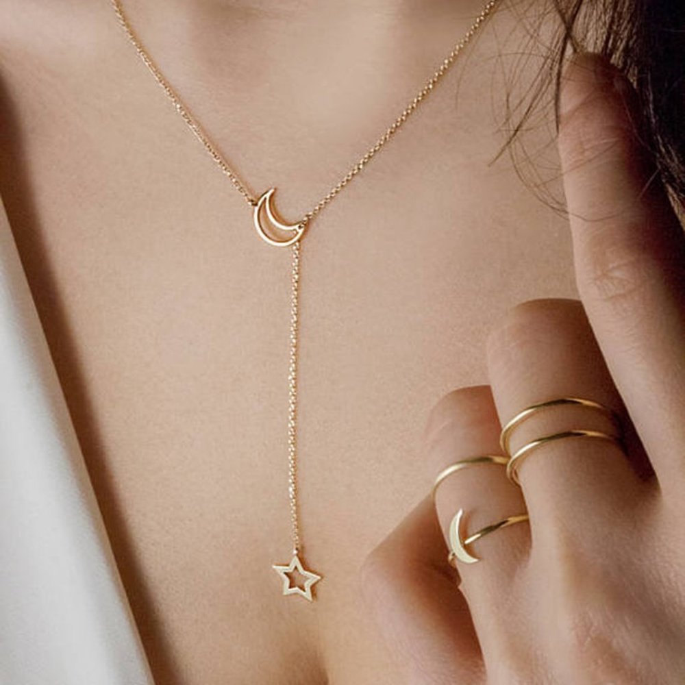 Hollow Moon Star Pendant  Necklace